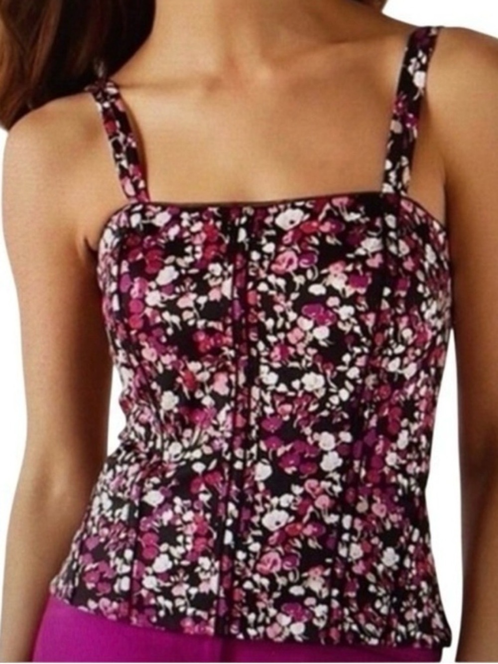 White House Black Market Floral Bustier Top Black Pink Fitted Corset Size 12